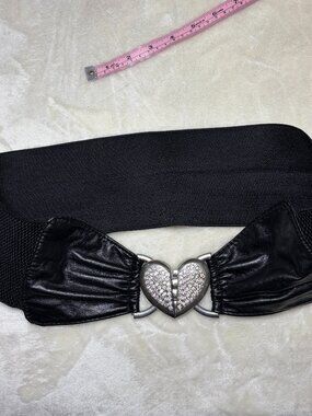 y2K Indie Sleaze Black Wide Elastic Waist Belt Rhinestone Heart Clasp McBling L